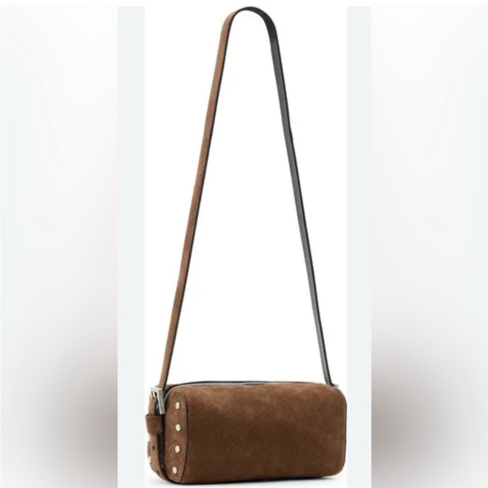 NWT Allsaints Women's Miro Barrel Suede Crossbody Bag - Brown